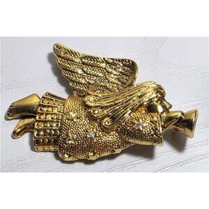 Vintage AB Rhinestone Flying Angel Brooch 2.75 Inch Trumpet Christmas Pin